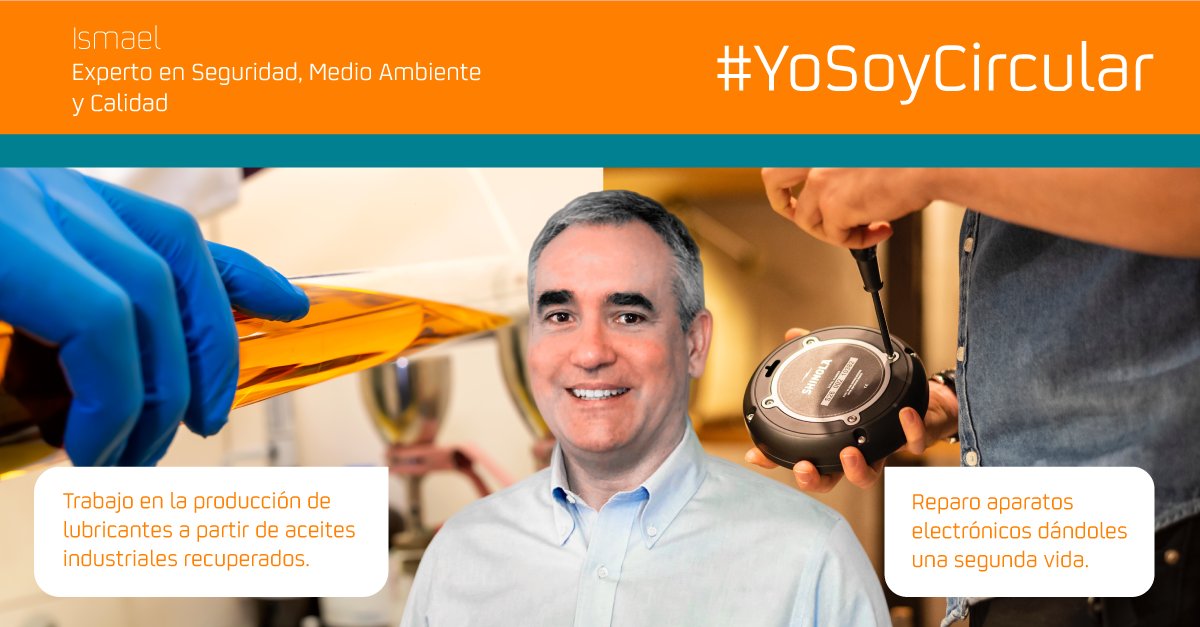 Repsol's tweet photo. Nuestro compañero Ismael nos cuenta que lo más le gusta es arreglar electrodomésticos y, ¡darles una segunda vida! Mientras tanto, en Repsol se encarga de la producción de lubricantes a partir de aceites recuperados. #YoSoyCircular https://t.co/qh0xabyZ9n