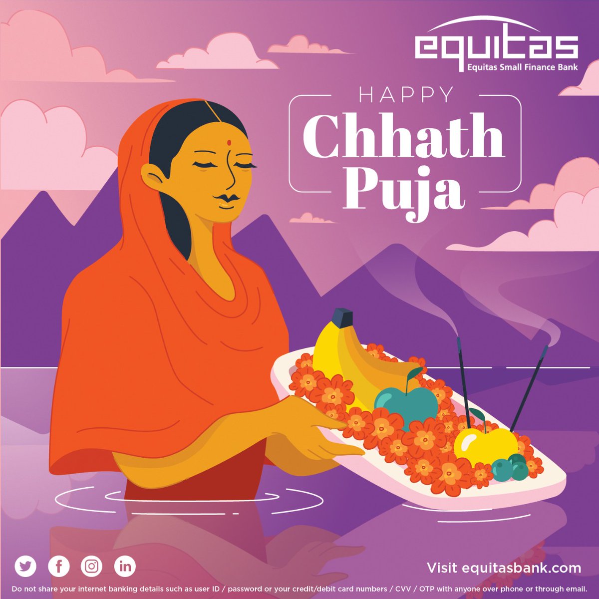 EquitasBank's tweet photo. May the occasion of chhath puja light up new hopes and opportunities and fulfill all your dreams!
Happy chhath puja to all!
.
.
.
.
#Equitasbank #SavingsAccount #OneIndiaOneBank #super7 #Celebrations #festival #Chhathpuja https://t.co/xkkib20D2b