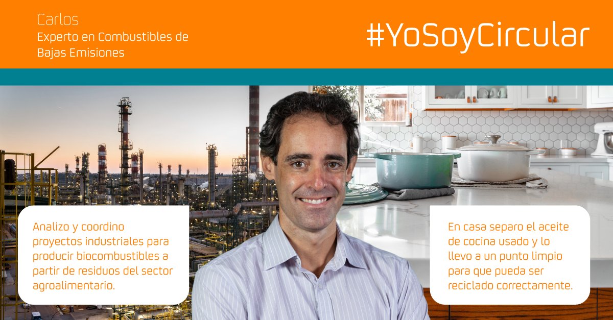 Carlos se dedica a 🔍🔍vías para la producción de biocombustibles. Además, nos comparte que en el plano doméstico separa el aceite de cocina y lo lleva al punto limpio. #YoSoyCircular