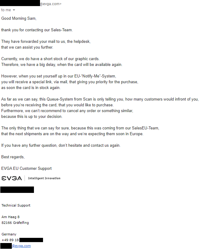 SamS8161's tweet photo. @ScanComputers 
For anybody ordering an EVGA Card through Scan, I have reached out directly to EVGA as Scan's own communication has been poor and half-assed. This is the message I received from the helpdesk regarding incoming EVGA 30(70) Shipments and Shortages. https://t.co/YhJoipcBz7