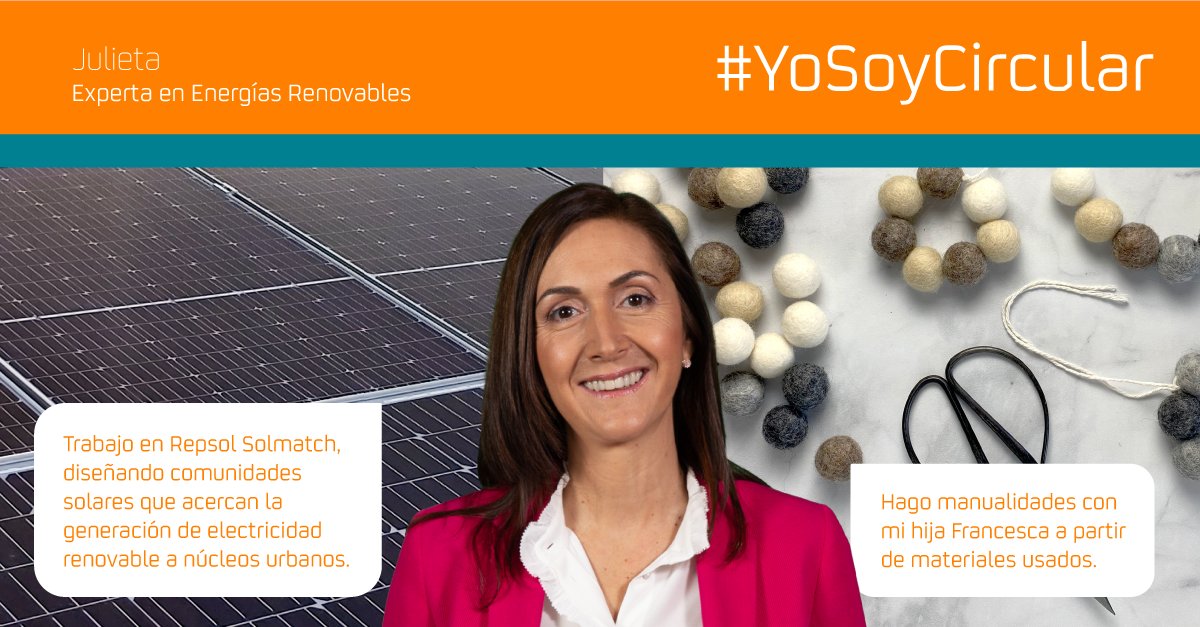 Julieta trabaja en el equipo de Repsol Solmatch, la primera gran comunidad solar de España. Además de acercar la electricidad para el punto de consumo en nuestros tejados, tiene una debilidad ¡hacer manualidades con su hija, con materiales usados! #YoSoyCircular