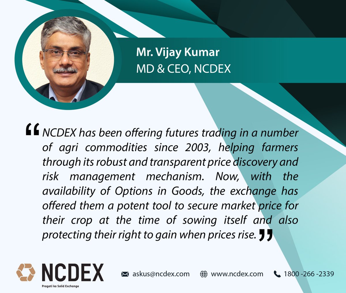 ncdexofficial's tweet photo. NCDEX Options in Goods Familiarisation Initiative for FPOs
#optionsingoods #optionscontract #commoditytoday #commodityderivatives #agribusiness #hedging #FPO https://t.co/xeoGP1P2KT
