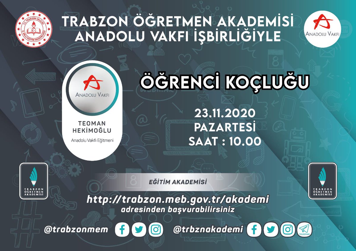 Trabzon İl Milli Eğitim Müdürlüğü olarak öğretmenlerimize yönelik düzenlenecek olan Trabzon Öğretmen Akademisi Uzaktan Eğitim Faaliyetlerine katılım için trabzon.meb.gov.tr/akademi/ adresini ziyaret edebilirsiniz
<a href="/tcmeb/">Millî Eğitim Bakanlığı</a> <a href="/Akta1Hzr/">Hızır Aktaş</a>