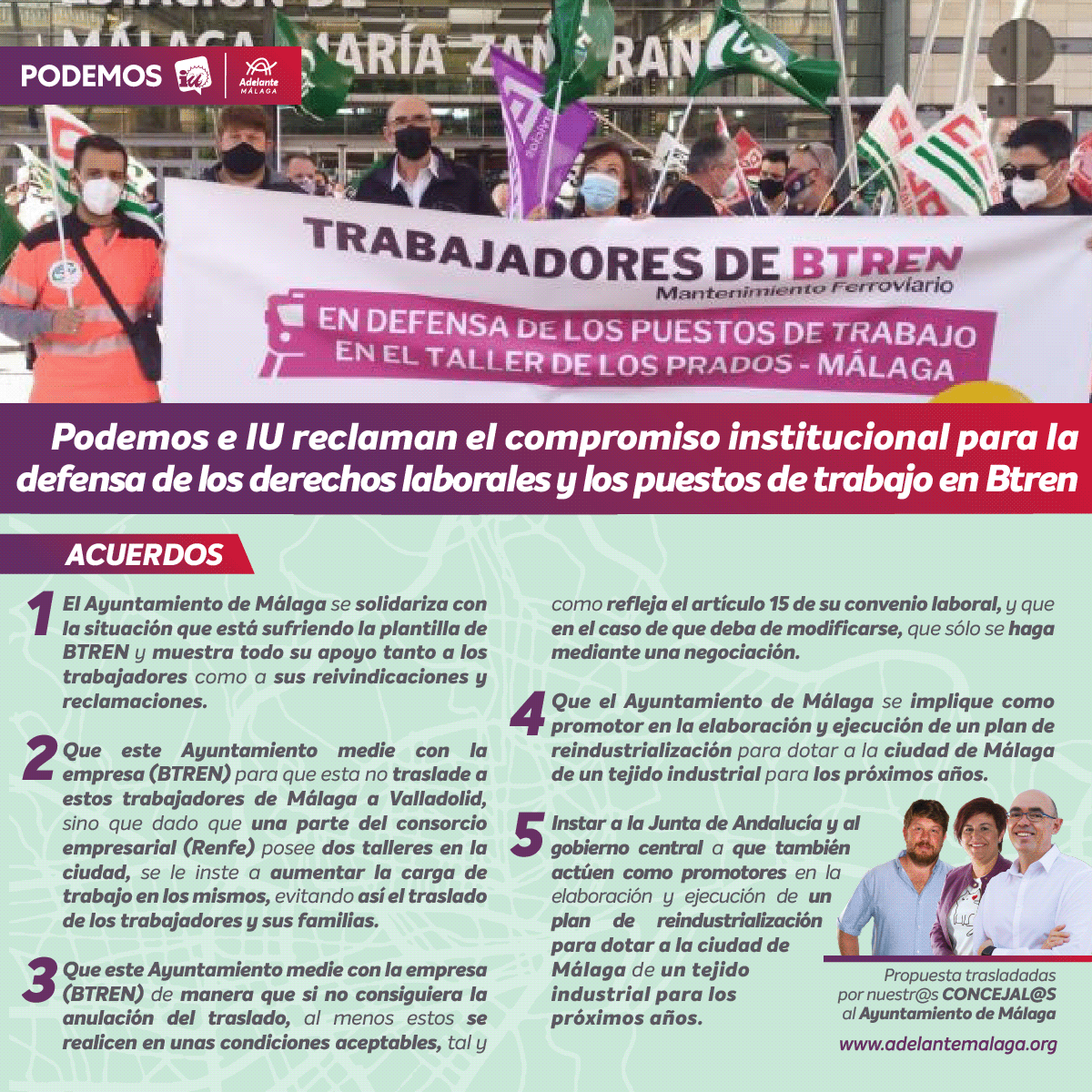 podemosmalaga's tweet photo. ✅ Conseguimos que el Ayuntamiento apoye a los trabajadores de #BTREN y medie con la empresa para que no traslade a la plantilla de #Málaga, y si lo hace, que sea en condiciones dignas y negociadas.

❌ PP y Cs rechazan que el Consistorio impulse un Plan de Reindustrialización. https://t.co/O1sMOtSq9K