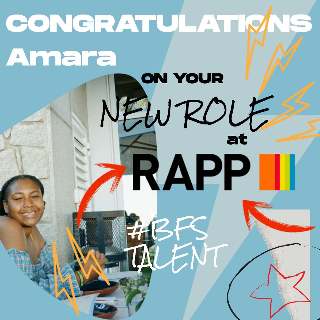 CONGRATS to one of our excellent #bfs2020 grads @amara_willett who now has a role as junior strategist at @RAPP_UK ! So well deserved and we are so proud of you, Amara! Shout out to @mutesas, Amara's mentor, for guiding her and to Chris Bailey at RAPP for making this possible!