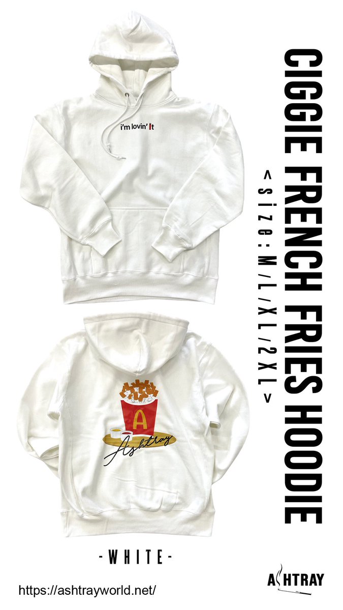 ASHTRAY06207505's tweet photo. 🔥NEW ITEM🔥
ASHTRAY
“CIGGIE FRENCH FRIES”
HOODIE -WHITE-
新作HOODIEは12オンスのヘヴィーウェイト！某ファーストフードをサンプリングしたASHTRAYならではの一枚。
サイズ:M/L/XL/2XL
<裏起毛>
NOW ON SALE
#ashtrayworld

↓注文はコチラ↓
https://t.co/9xcYmmK3t5 https://t.co/isXsJ7leu4
