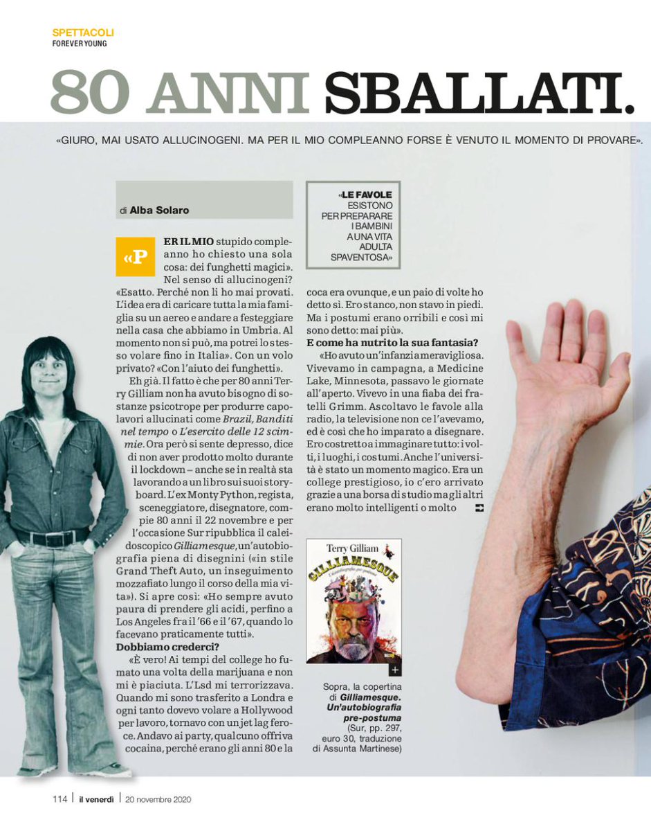 letteratume's tweet photo. Un'autobiografia piena di "disegnini" e un'intervista scoppiettante pensando a viaggi di varia natura.

Terry Gilliam festeggia gli ottant'anni e @edizioniSUR ripubblica #Gilliamesque @ilvenerdi https://t.co/tRU24P1NHi