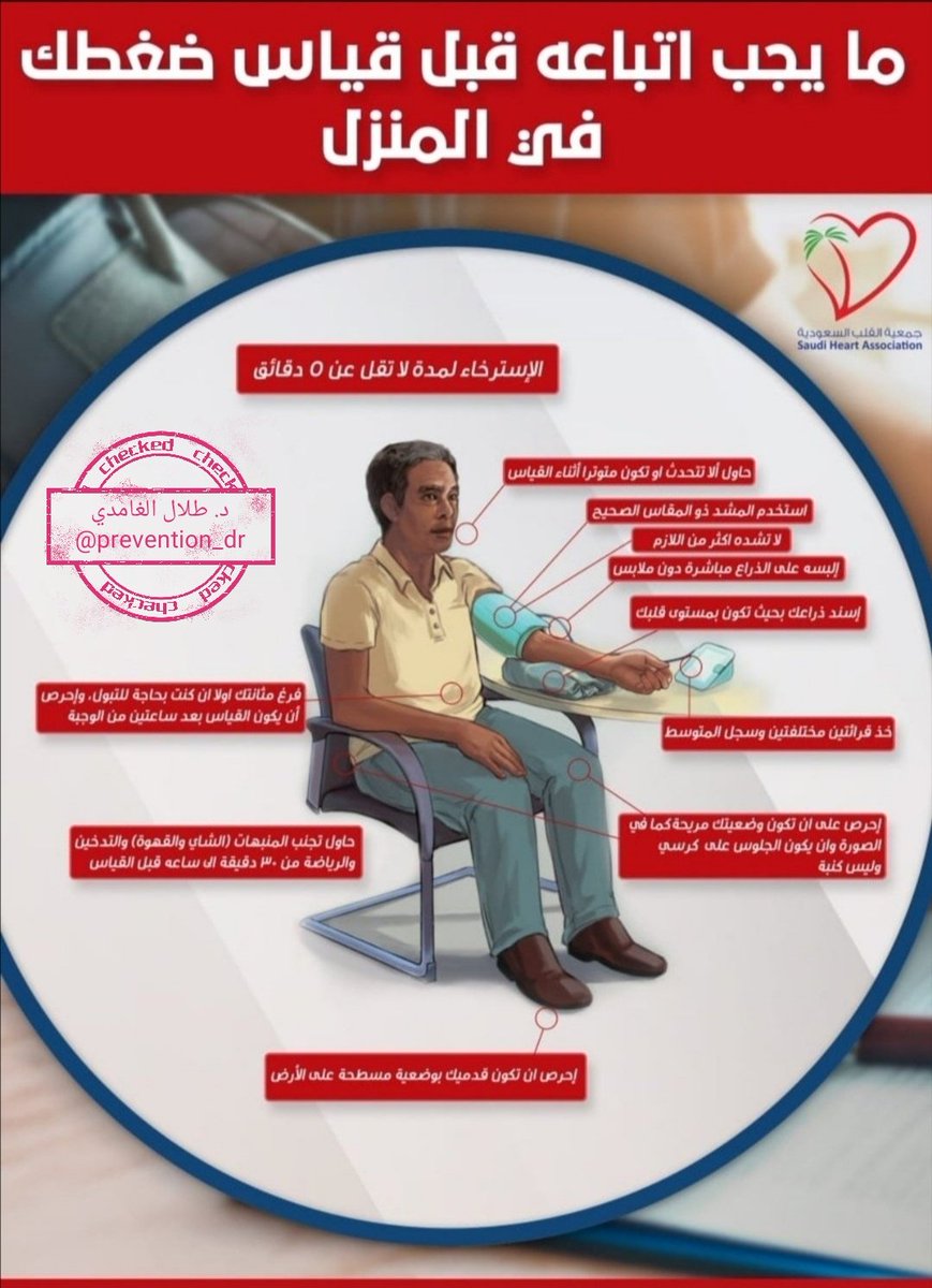 #جمعة_مباركة
#صوت_الطبيب
#يوم_الجمعة
لايوصى بإستخدام أجهزةالرسغ او الاصبع لقياس الضغط لأنها لا تعطي قراءات دقيقة،
الموصى به هو جهاز الذراع.
مرفق لكم منشور بسيط يوضح كيفية أخذ القراءات في المنزل والتي تعد من أهم الطرق لمراقبةضغط الدم لمن لديهم اشتباه بفرط ضغط الدم أو من يأخذ أدوية