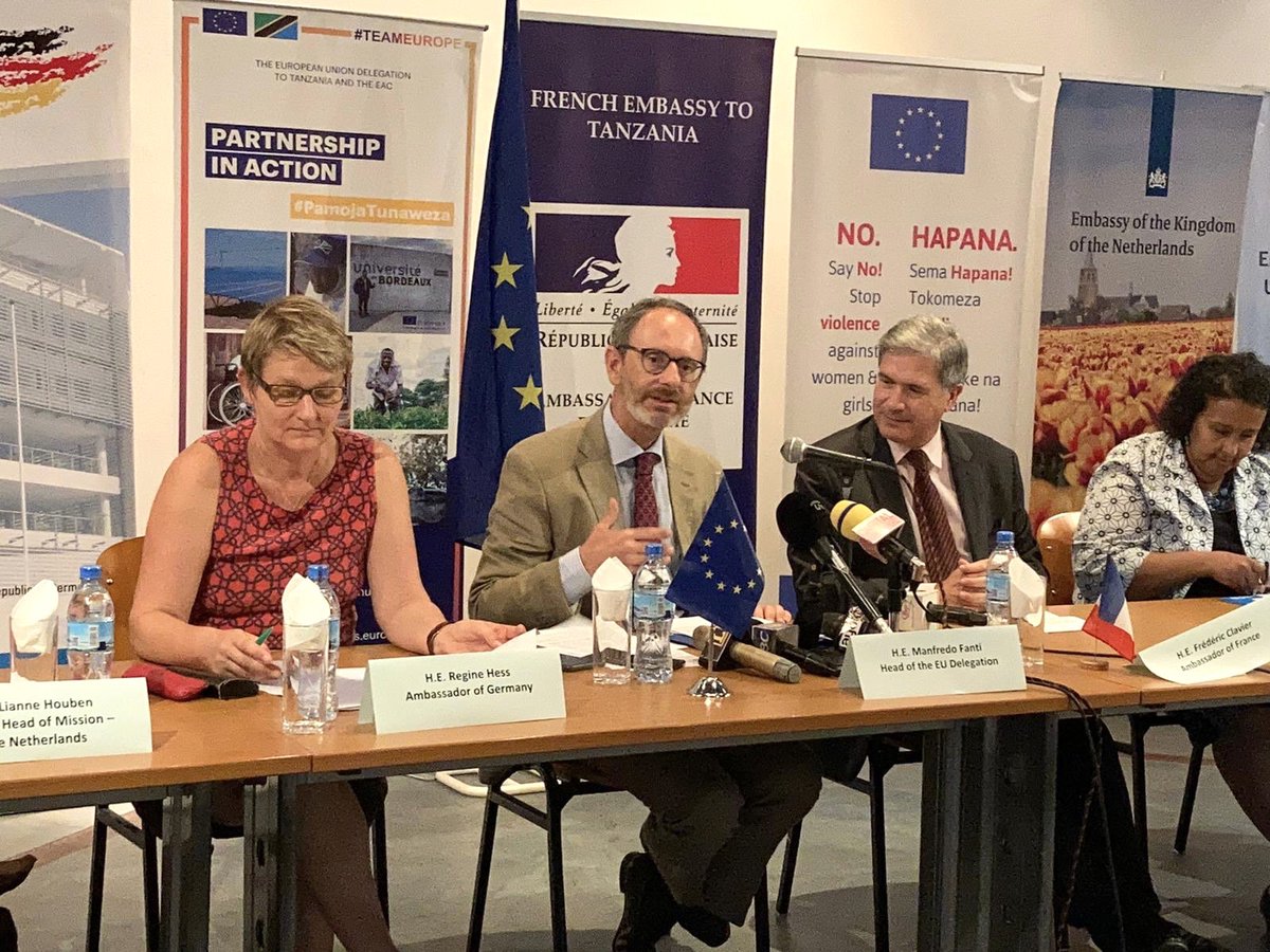EUinTZ's tweet photo. As Team Europe the EU Delegation to Tanzania together with the Embassies of Belgium, France, Germany &amp; The Netherlands jointly held a Press Conference in Dar es Salaam today to present the EU’s 2020 program for 16 Days of Activism against GBV #EUTZagainstGBV https://t.co/aQEzK7D7wK