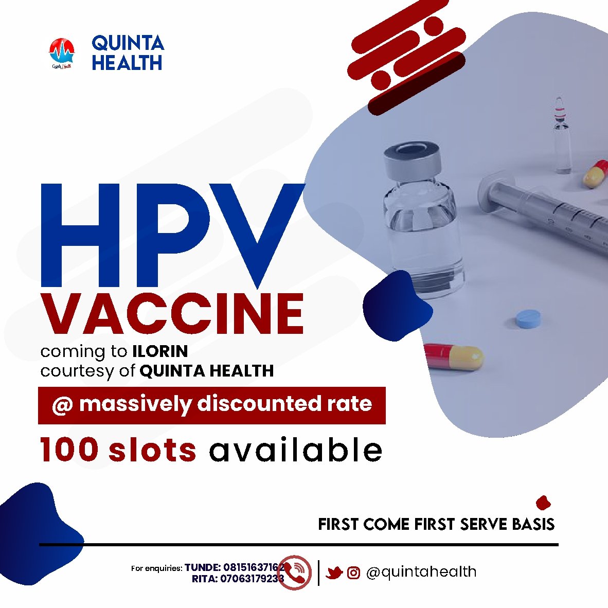 quintahealth's tweet photo. The HPV vaccine prevents against cervical cancer, the second leading cause of death of women in Nigeria.
@quintahealth is proud to announce that there would be HPV vaccine available at discounted prices. https://t.co/UPWFBBF2em