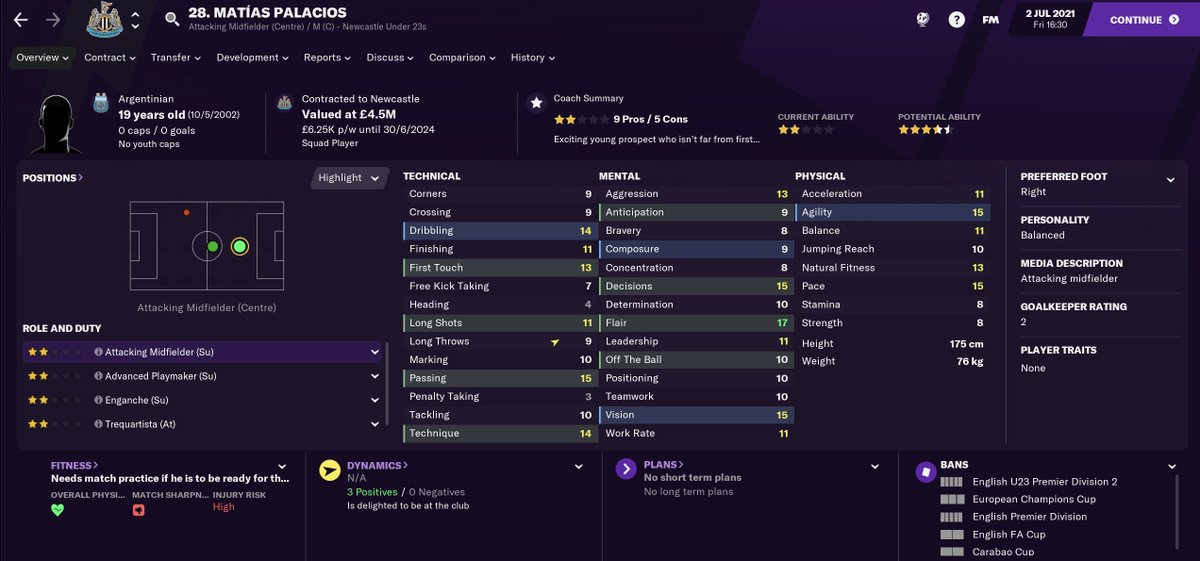 Another for the future purchase was Matías Palacios at £3.5m. He seemed to be a long term solution to my AMC, no brainer at that price  #NUFC  #FM21