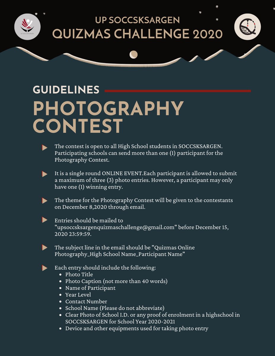 updsox's tweet photo. For this year's Quizmas Challenge, we're offering free webinars and digital contests.

Here are the guidelines for our Photography and Digital Art contest.

Interested in joining our events? Sign up now at https://t.co/unhbhIJKsv. 

#Quizmas2020 (1/2) https://t.co/vw6YrKcgjS