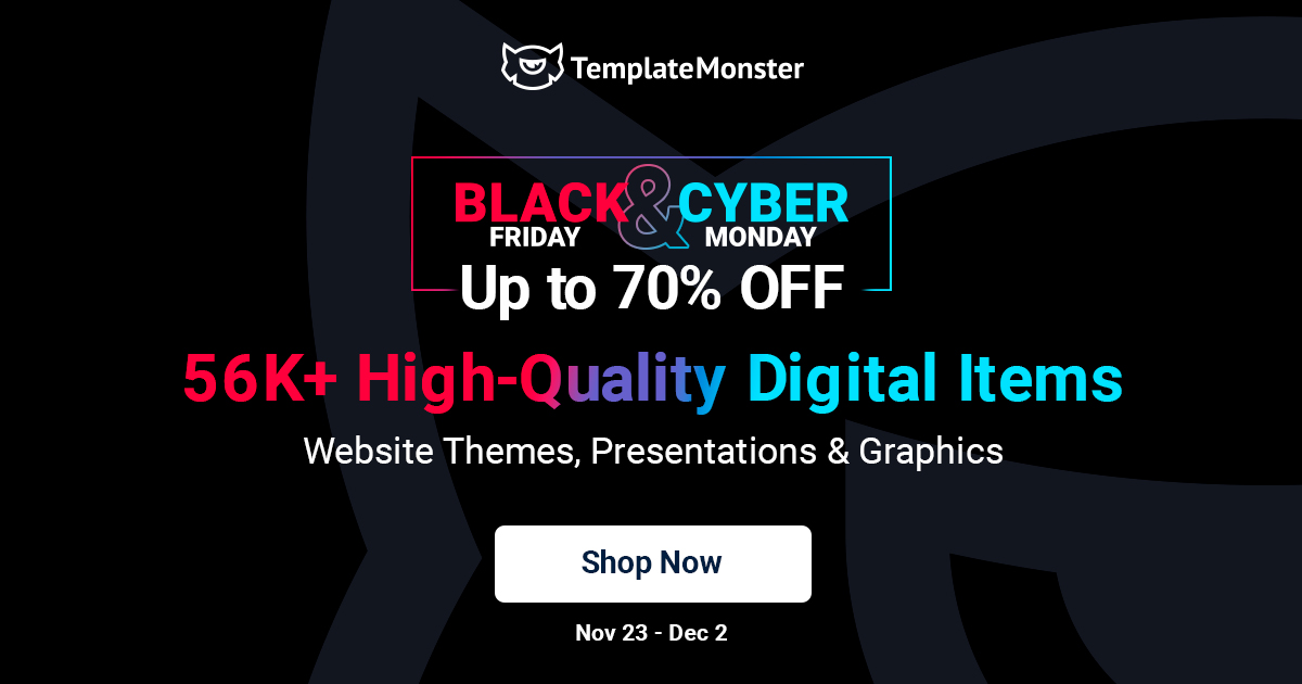 #BlackFriday2020 is at full blast! 💥Catch up to 70% OFF on over 55,000+ ready-made website themes, #presentations, #graphics, #audios, #videos, and more: templatemonster.com/templates.php?…

Hurry up to buy the desired products at a super discount until 02.12!