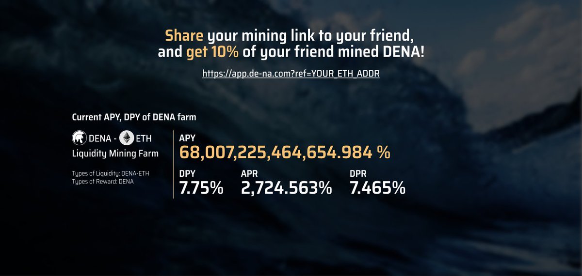 DeNations_DENA's tweet photo. DENA affiliate mining(https://t.co/CjI26z4peq) has started! 
1) Follow @SMATOOS_now
2) RT with $DENA #apy #affiliate #yieldfarming  &amp; Tag 3 friends
3) Fill in this form: https://t.co/cVn26Z4rxj
5 winners will be selected to share $125 USDT on Dec 9.
$ETH $DAI #defi #nft #bounty https://t.co/51BuJjZYpb