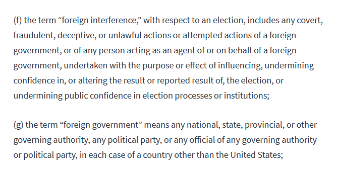 Section 1(a) directs the DNI to conduct an assessment based on information that a foreign government or government operative has interfered with the US election.They even specifically define what that means in Section 8(f) and 8(g).9/