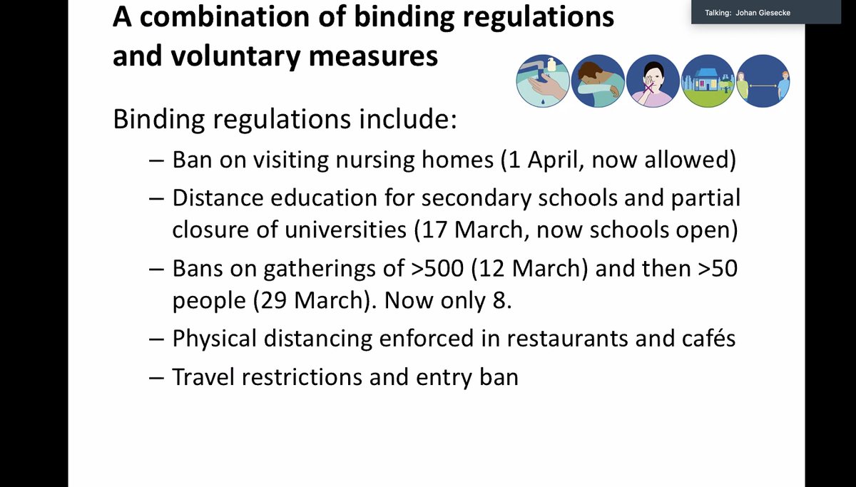 Johan Giesecke gives the view from Sweden. The controversial Swedish approach is often regarded as completely laissez-faire. These slides (thread) show that it is not. This shows the regulations, the next slides show recommendations (which are widely implemented). #covidunknowns