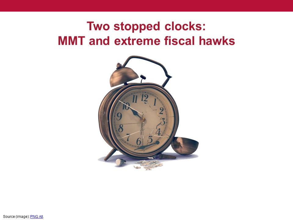 MMT and extreme fiscal hawks provide two views. One de facto says never worry and the other says always worry (I say de facto because MMT constantly offers various exceptions but then downplays them in policy advice). These are like stopped clocks, right twice a day.