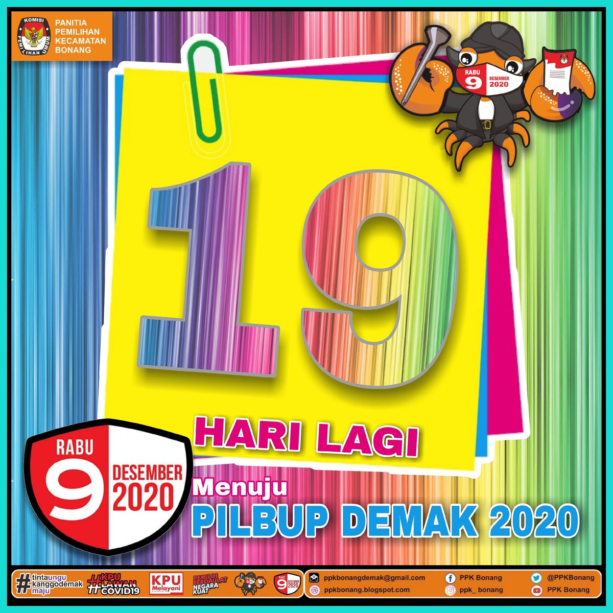 PPKBonang's tweet photo. 19 Hari hitung mundur menuju Pemilihan Bupati dan Wakil Bupati Demak Tahun 2020.
Jangan lupa yaaa 9 Desember 2020!
Nyoblosss..!!

#tintaungukanggodemakmaju
#sukseskanpilbupdemak2020
#pemilihberdaulatnegarakuat
#pilbupdemak2020
#kpulawancovid19
#kpudemak2020
#ppkbonang
#countdown https://t.co/VQB2m3iY6G