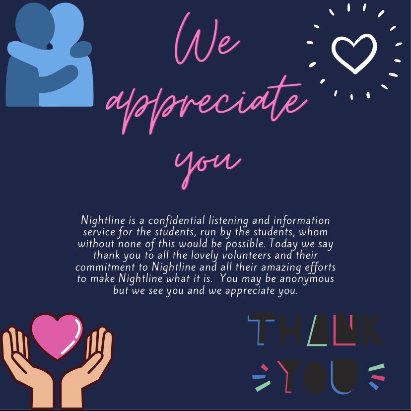 Our volunteers both listening and publicity all work tirelessly to make Nightline what it is and for that we say thank you 💙 #thisisnightline #nlaw2020 #2020vision