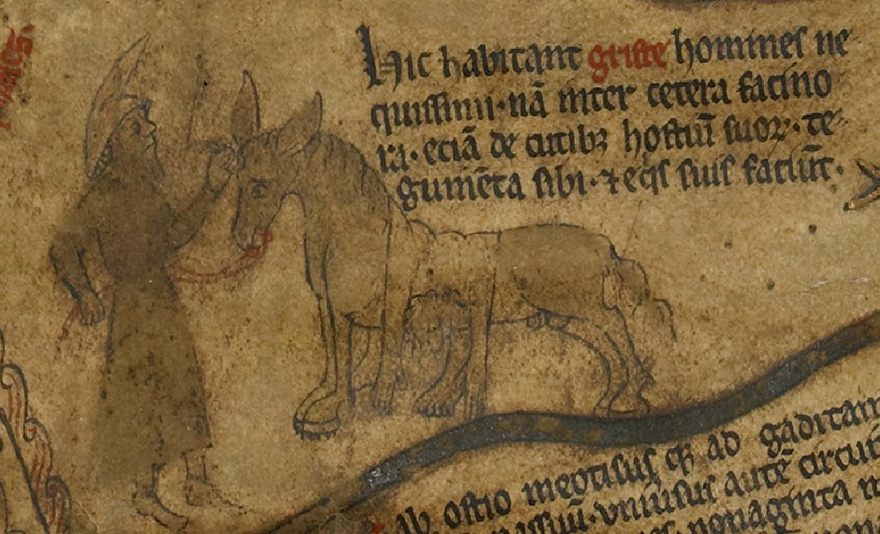 The Mongols are maybe mapped thematically by some Scythian proxies, similarly nomadic 'barbarians' from the steppes. Hereford's Scythians are the fiercest examples of the map's source, Solinus. Interesting but tame Scythians are left out. Scythia is designed to be savage.(8/11)