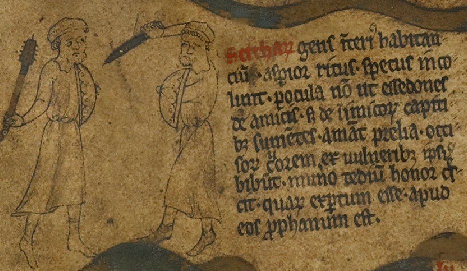 The Mongols are maybe mapped thematically by some Scythian proxies, similarly nomadic 'barbarians' from the steppes. Hereford's Scythians are the fiercest examples of the map's source, Solinus. Interesting but tame Scythians are left out. Scythia is designed to be savage.(8/11)