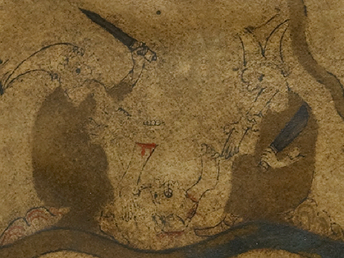 The Mongols are maybe mapped thematically by some Scythian proxies, similarly nomadic 'barbarians' from the steppes. Hereford's Scythians are the fiercest examples of the map's source, Solinus. Interesting but tame Scythians are left out. Scythia is designed to be savage.(8/11)