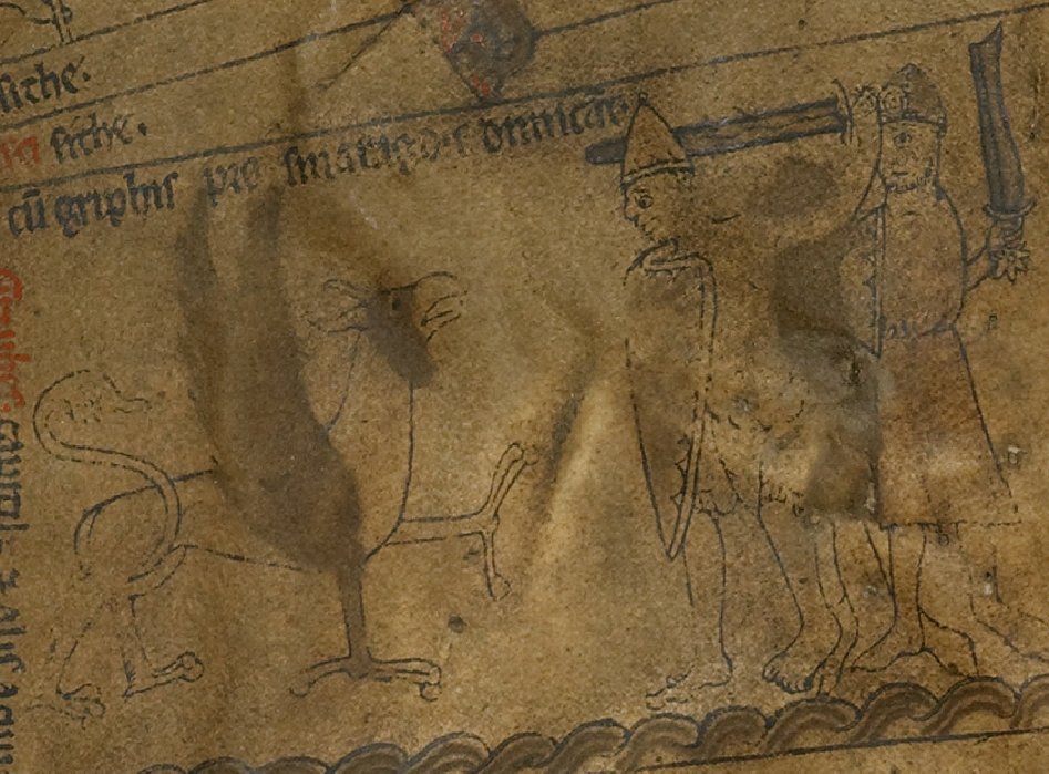 The Mongols are maybe mapped thematically by some Scythian proxies, similarly nomadic 'barbarians' from the steppes. Hereford's Scythians are the fiercest examples of the map's source, Solinus. Interesting but tame Scythians are left out. Scythia is designed to be savage.(8/11)