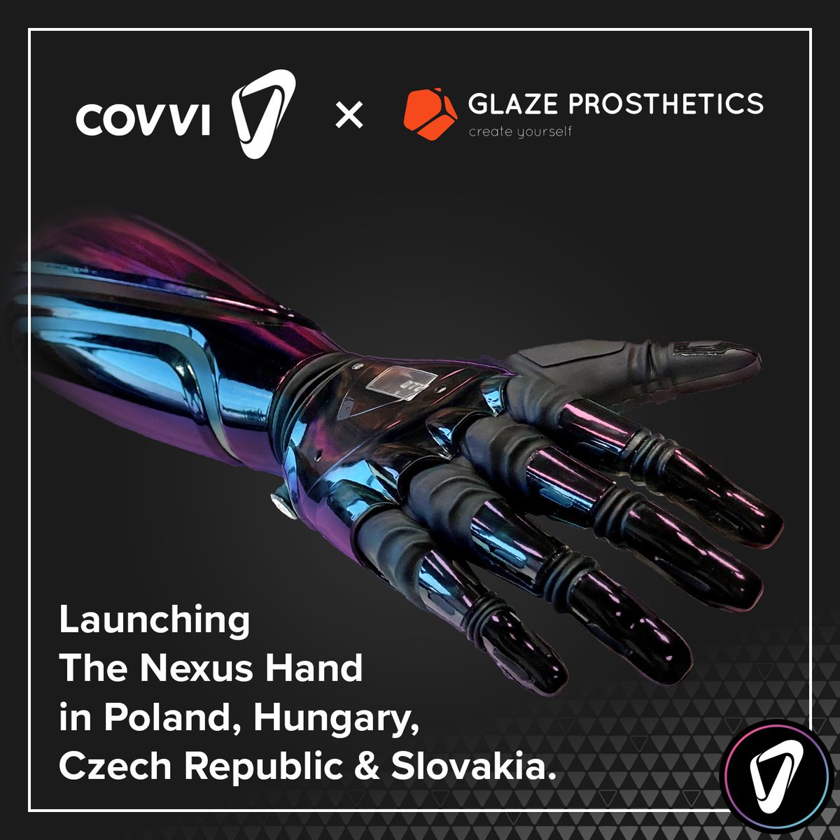 COVVI's tweet photo. We're proud to partner with @GProsthetics 🦾

Glaze Prosthetics will be providing their incredible range of 3D printed limbs, which can even be customised to match your Nexus Hand! Glaze will also become our official distributors in Poland, Hungary, Czech Republic and Slovakia. https://t.co/JAa1uYHWKu