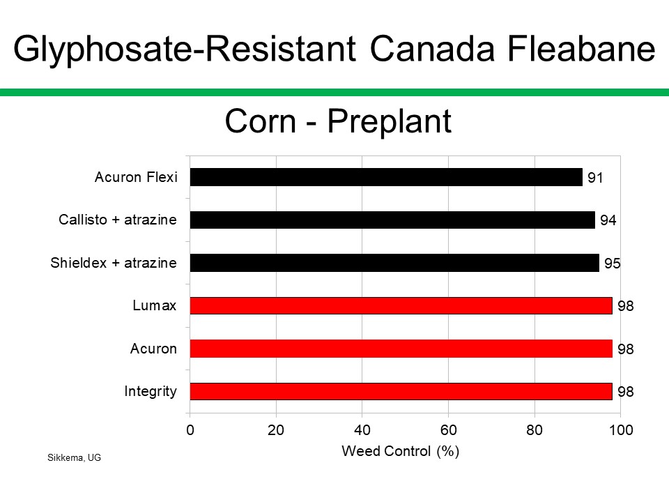 psikkema1's tweet photo. A summary of 8 years (2013-2020) of research, conducted in southwestern Ontario, shows that Acuron Flexi, Callisto + atrazine, Shieldex + atrazine, Lumax, Acuron and Integrity, applied preplant, control GR Canada fleabane >90% in corn. https://t.co/jmEEtT37TF