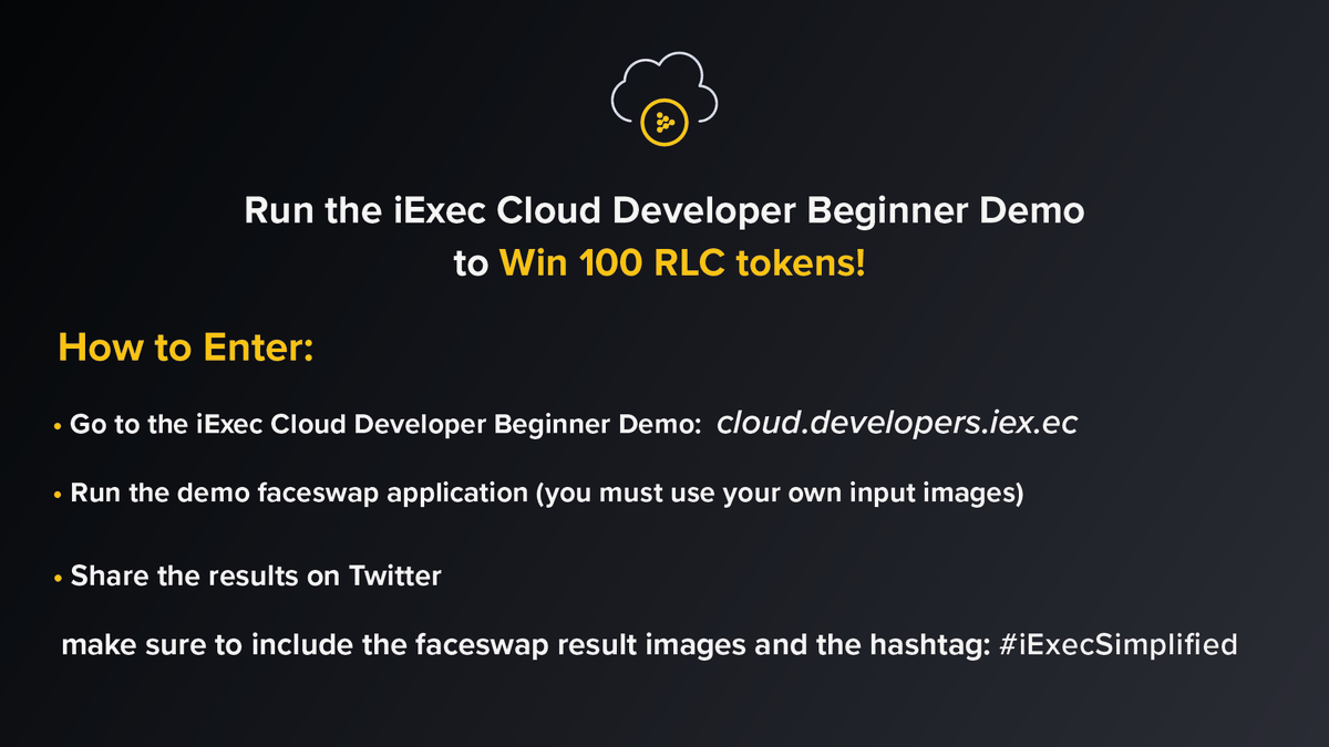 iEx_ec's tweet photo. Win RLC tokens!
Simply run the iExec Cloud Developer Beginner Demo and share the image results with the hashtag: #iExecSimplified
From the results, weβll select 5 winners (depending on originality/engagement) to win 100 RLC!
Enter now β‘οΈ https://t.co/e9PbPW6R23 https://t.co/0jpFbsiLDF
