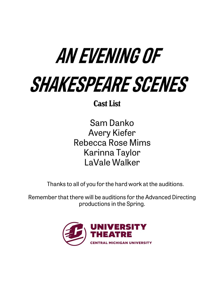 CMUTheatre's tweet photo. Congratulations to the cast of Semantics and An Evening of Shakespeare!  Thanks to everyone who auditioned for your hard work. https://t.co/r5naNHOhG1