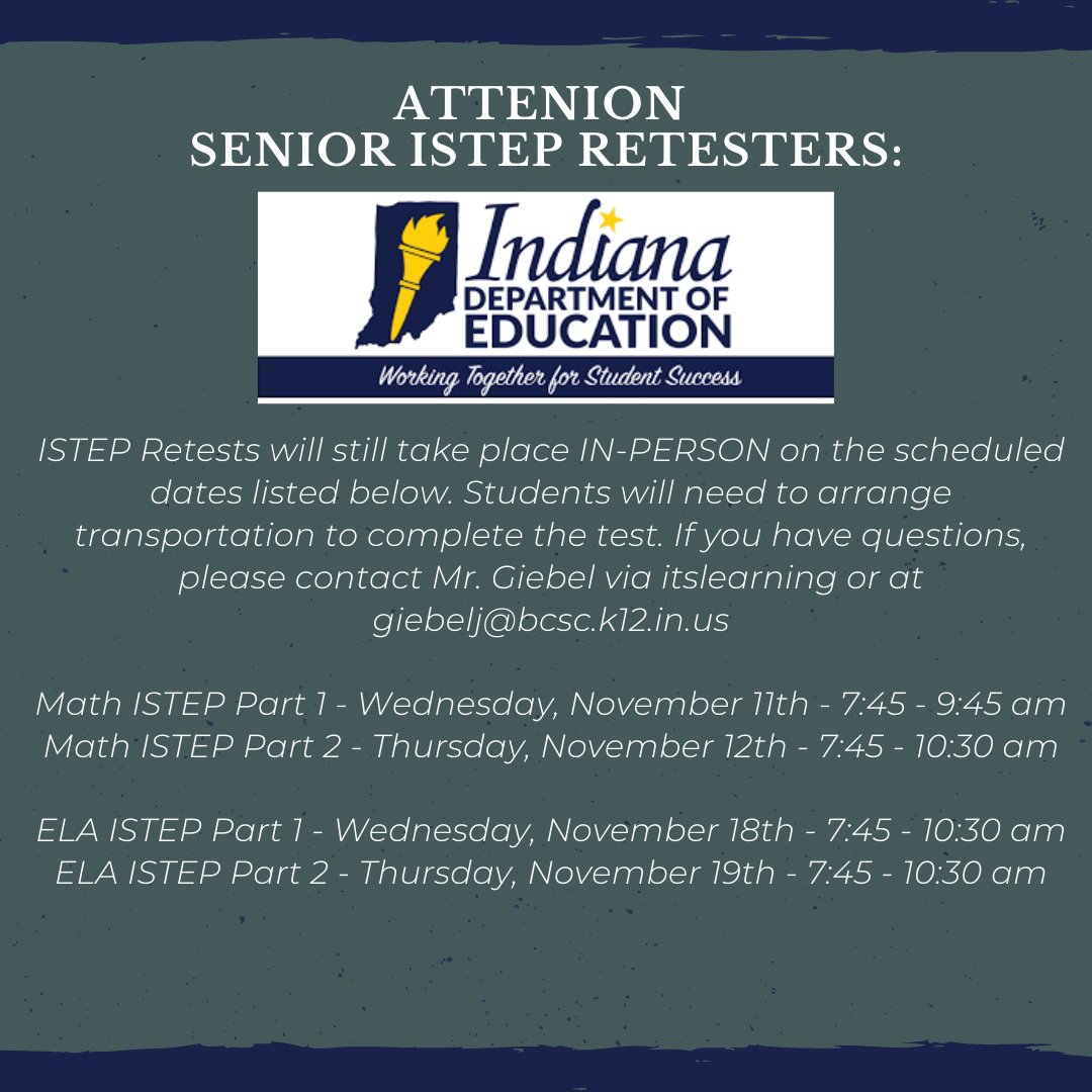 CSANewTechHS's tweet image. Reminder:

The ELA ISTEP Retest for seniors will take place this week on Wednesday &amp;amp; Thursday at 7:45 AM.

If you are unsure if you have to test, please message Mr. Giebel!