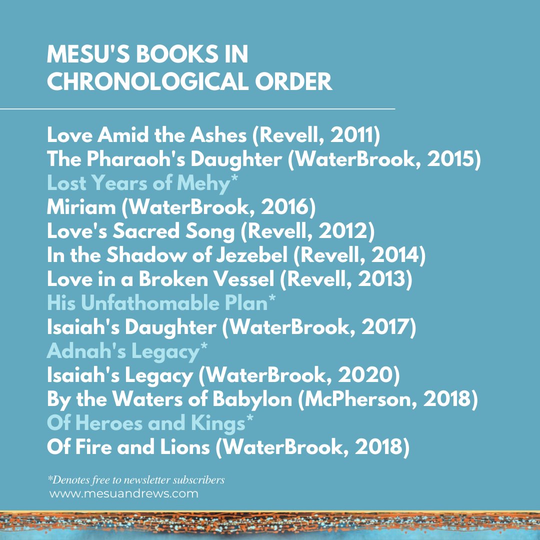 MesuAndrews's tweet photo. Receive 4 FREE downloads when you subscribe to my author newsletter.

The Lost Years of Mehy https://t.co/NdpUpTZrha
His Unfathomable Plan https://t.co/eJccuyI3CR
Of Heroes &amp; Kings https://t.co/ImnSDc3UN5
Adnah's Legacy https://t.co/8wIXu66DMo

#biblicalfictionfriday #MesuAndrews https://t.co/ADwmegS3jl