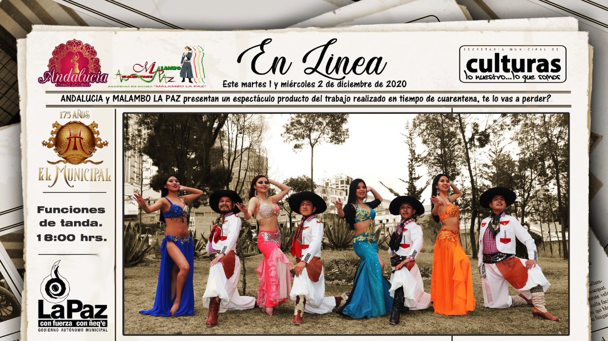 MalamboMLP's tweet photo. ANDALUCIA Escuela de Danza y Academia de Danza MALAMBO LA PAZ! Presentan obras de estreno, trabajadas en tiempo de cuarentena!
La cita es en el Teatro Municipal Alberto Saavedra Pérez este Martes 1 y Miércoles 2 de Diciembre 18:00 hrs. Ya puedes adquirir tus entradas! 70535037 https://t.co/V0ANqyZT2E
