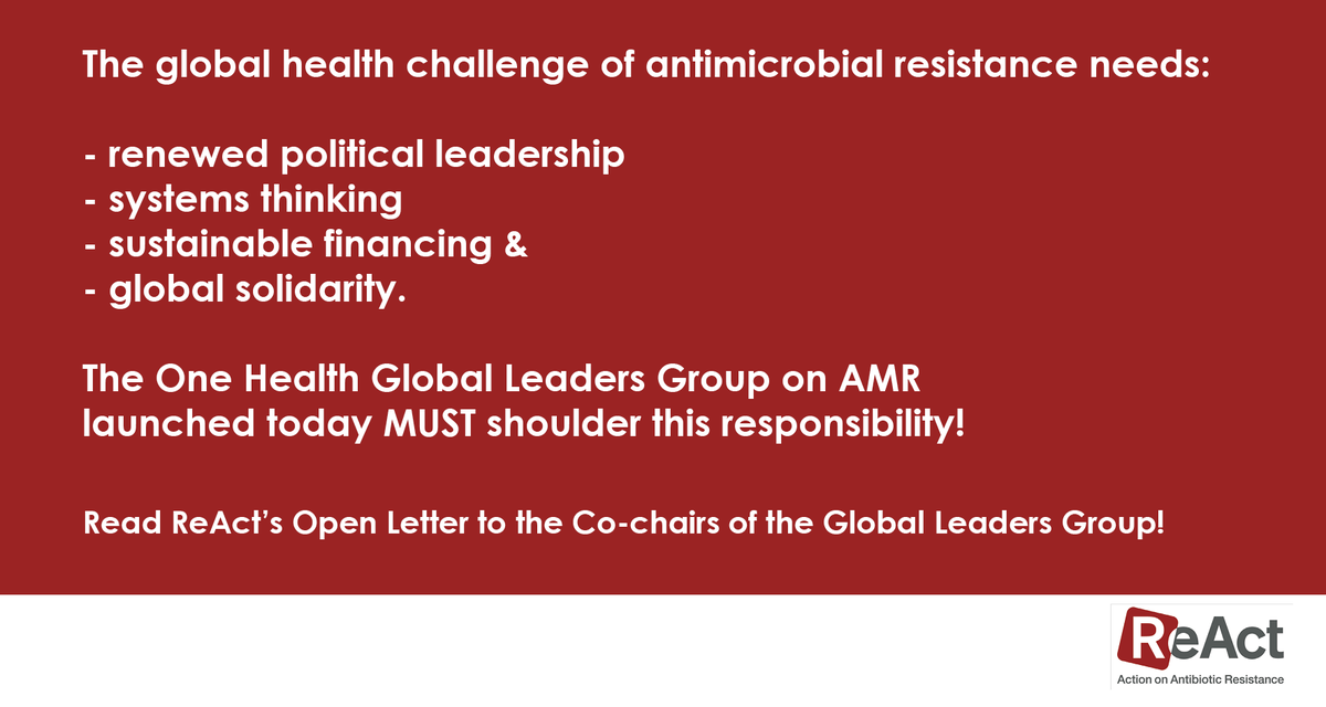 The global health challenge of #AntimicrobialResistance needs:
- renewed political leadership
- systems thinking
- sustainable financing 
- global solidarity
 
Read ReAct Open Letter to the Co-chairs of the just launched Global Leaders Group on #AMR! ⬇️

reactgroup.org/news-and-views…