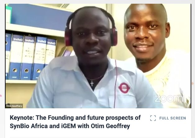 iGEM's tweet photo. We are LIVE NOW with our Keynote @otimgeoffrey25, who is speaking about attending SB7.0 in 2016 as a @JHSPH_CHS Biosecurity Fellow, and how it helped kick off his journey in #iGEM and @SynBioAfrica
https://t.co/ejWayfgsGa
#iGEMCommunityWeek #iGEM2020 @SynBioBeta @biobricks https://t.co/1j35N5DYVH