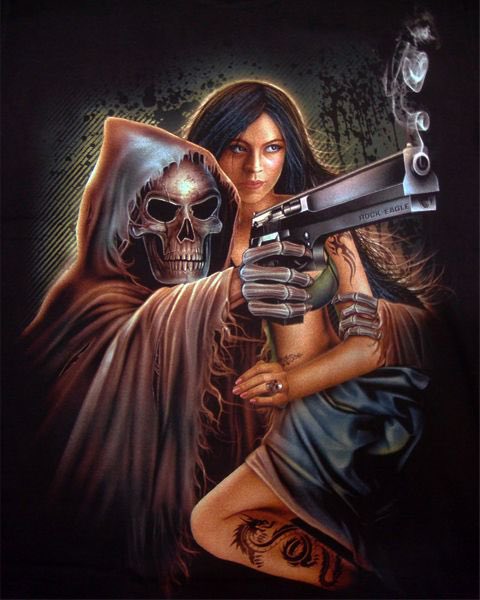 2. Grim reaper with a babe and a gun