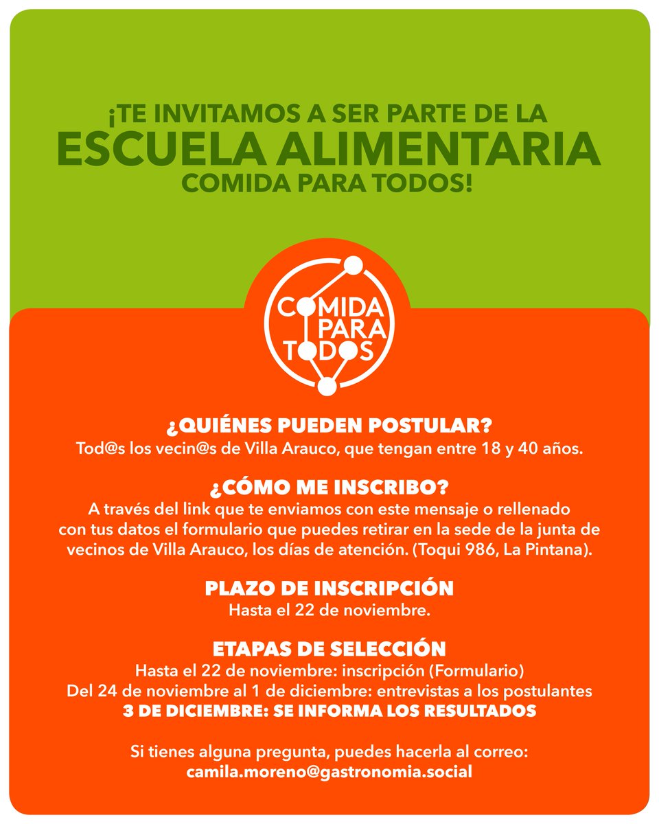 ChileComida's tweet photo. Si vives en La Pintana, si tienes entre 18 y 40 años, si buscas capacitarte y aprender... ¡este es el momento! Hasta este domingo 22, puedes inscribirte en la Escuela Comida Para Todos en Villa Arauco. Enviando un correo a info@gastronomia.social y también en la Junta de Vecinos! https://t.co/7KzmOVHjYr