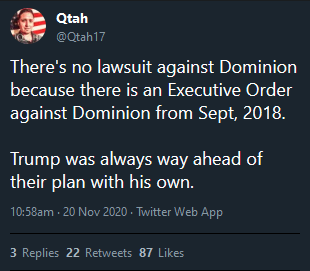 I've been seeing this claim going around QAnon for several days: that an Executive Order signed in 2018 is going to reveal Dominion's role in election interference and collapse the entire Deep State scheme.I want to drill down on it.1/