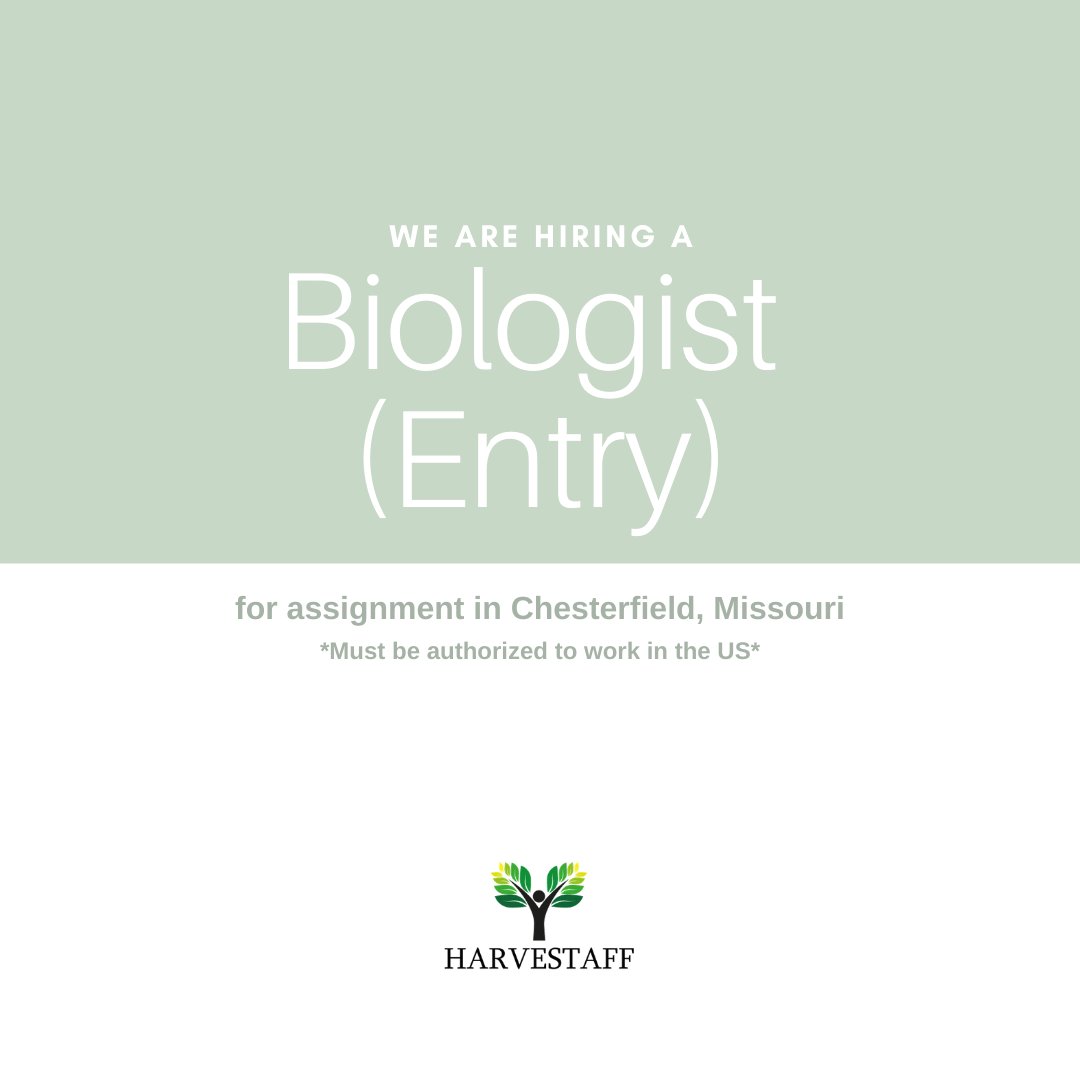 HarveStaff's tweet photo. New #jobopportunity! #Wearehiring a #Biologist (Entry) for assignment in #Chesterfield, #Missouri, to apply, and for more information please visit the following link https://t.co/JkffpVkWz1 #BiologistJobs #ChesterfieldJobs #MissouriJobs #employmentopportunities #employment https://t.co/hjNjpkXWAZ