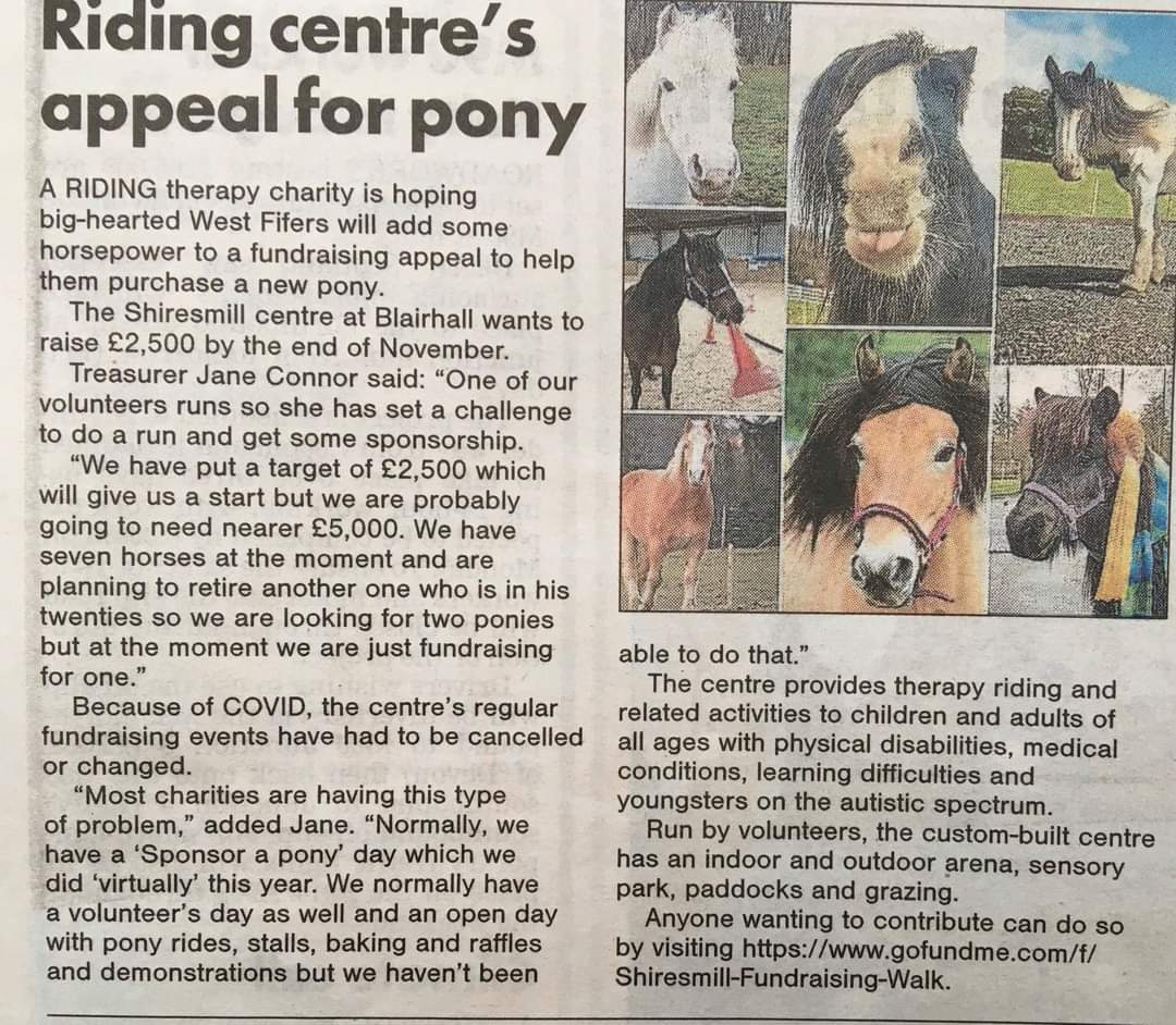 shiresmillTRC's tweet photo. Great article in the Dunfermline press about our fundraising efforts 🐴 @dunfermlinep https://t.co/vhixz9dLKq