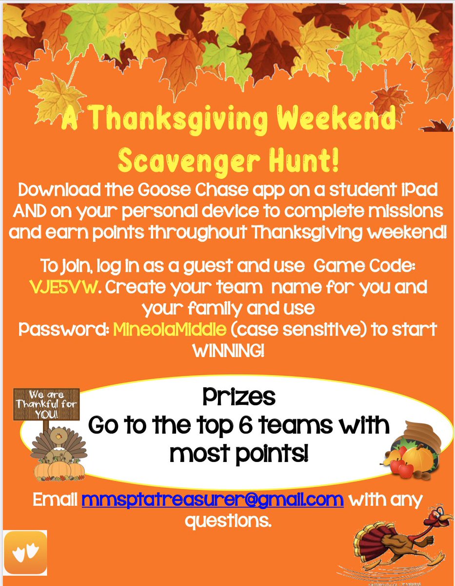 MineolaMS_PTA's tweet photo. Gobble gobble! We’ve got something great planned starting Tuesday night! Follow the directions below for an adventure the whole family can enjoy! @MineolaMS https://t.co/r1Q7LDVkDJ