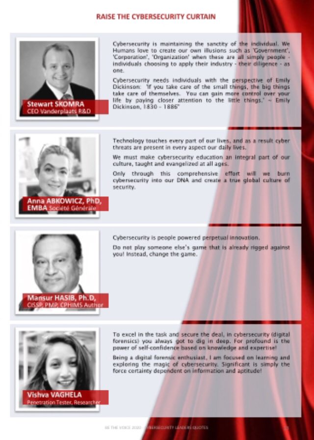 AnnaAbkowicz's tweet photo. I am honoured to be quoted in  'Raise the #Cybersecurity Curtain' by Ludmila Morozova-Buss among  100 cybersecurity leaders!

#leadership 
#TechnologyEducation
#informationsecurity 
#CISO #CIO #diversity #awarness #womenincybersecurity #womenintechnology #womenintech https://t.co/4GJgJb9S2n