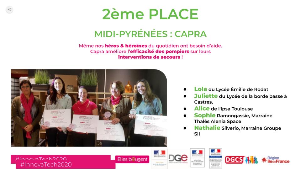 Ellesbougent's tweet photo. Finale du Challenge #InnovaTech2020 - L'heure des résultats a sonné 🏆
🥈2e Prix : Équipe @EllesBougent_MP #MidiPyrénées grâce à son projet Capra porté par Lola, Juliette, Alice de l'@IPSA, Sophie @thalesaleniaspace et Nathalie @GroupeSII 🚒 #RéalitéAugmentée #PremiersSecours https://t.co/V3X3O91lzZ