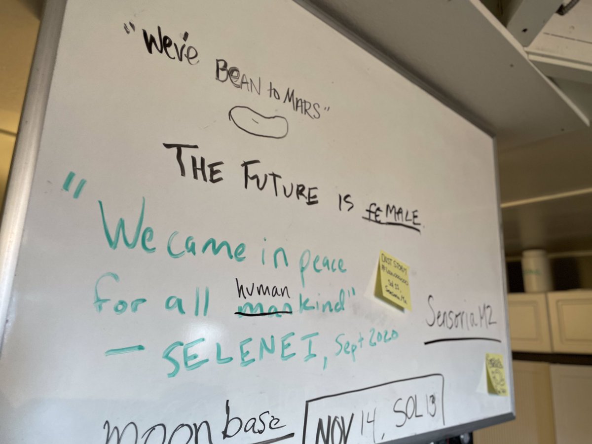 HI_SEAS's tweet photo. Our brains are filled with new knowledge of HI-SEAS and the surrounding Moon environment! Most woke up early for our first full day on the Moon, ready for more routine than our previous travel days allowed. #hiseas #seleneII https://t.co/n3hyQvZSxx