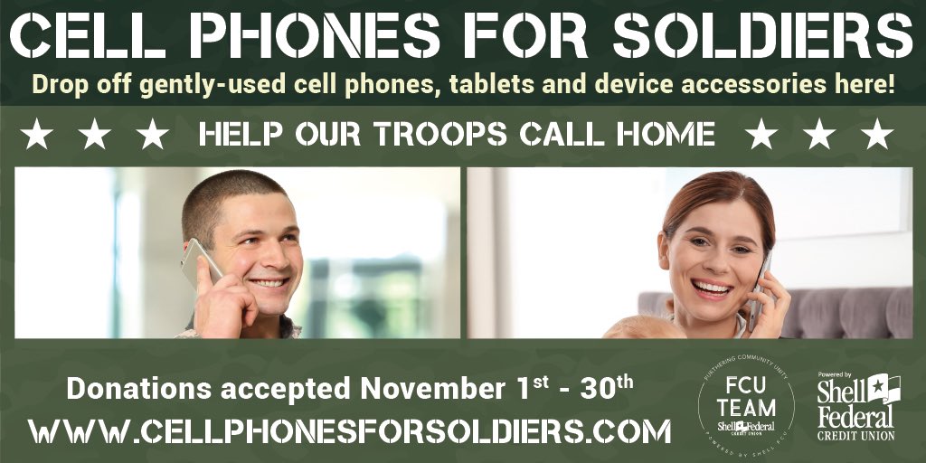 FCUTeam's tweet image. We’re proud to support #CellPhonesForSoldiers, a non-profit that helps thousands of soldiers call home.🇺🇸

Help our #troops by dropping off gently-used cell phones, tablets and device accessories.📲

Donations accepted until November 30th at all @ShellFCU locations.