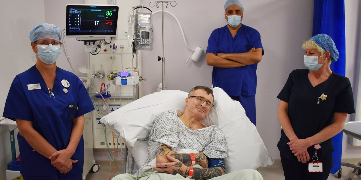 Remember Kevin from #SurgeonsAtTheEdgeOfLife on BBC Two last month?

After around 20 planned procedures, Kevin had his final thoracic operation this week and will soon return to a full quality of life.

📸 with Trudi (SCP), Mr Coonar (surgeon) and Jo (ODP) from our theatres team.