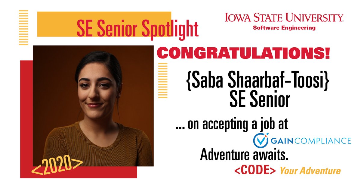 Our #FridayFeature is graduating <a href="/se_iastate/">ISU SE</a> senior, Saba Shaarbaf-Toosi. Congratulations on your job with <a href="/gaincompliance/">Gain Compliance</a> . We are excited for your next adventure. #CodeYourAdventure #adventureSE #SoftwareEngineering #CycloneEngineers #LASProud