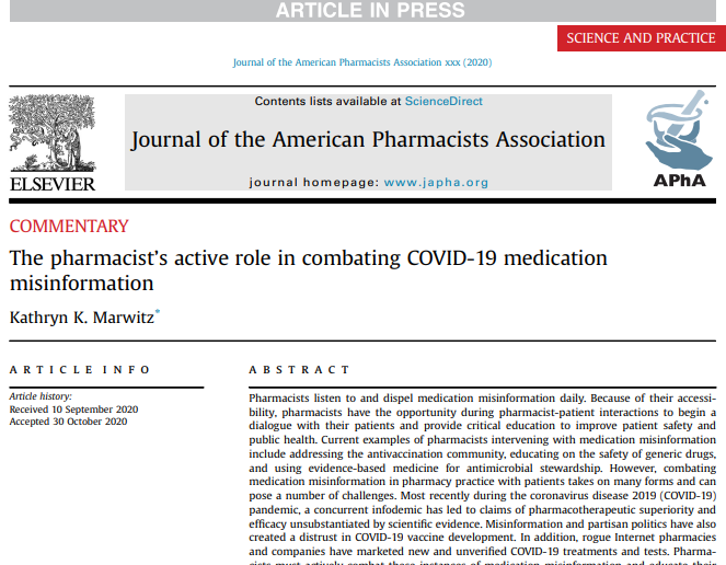 JAPhAJournal's tweet photo. IN PRESS: Actively combating misinformation as a pharmacist is a professional responsibility.
#COVID19 #publichealth #patienteducation #pharmacists #TwitteRx

https://t.co/pmUyMtiEnA https://t.co/MKNN92GALV