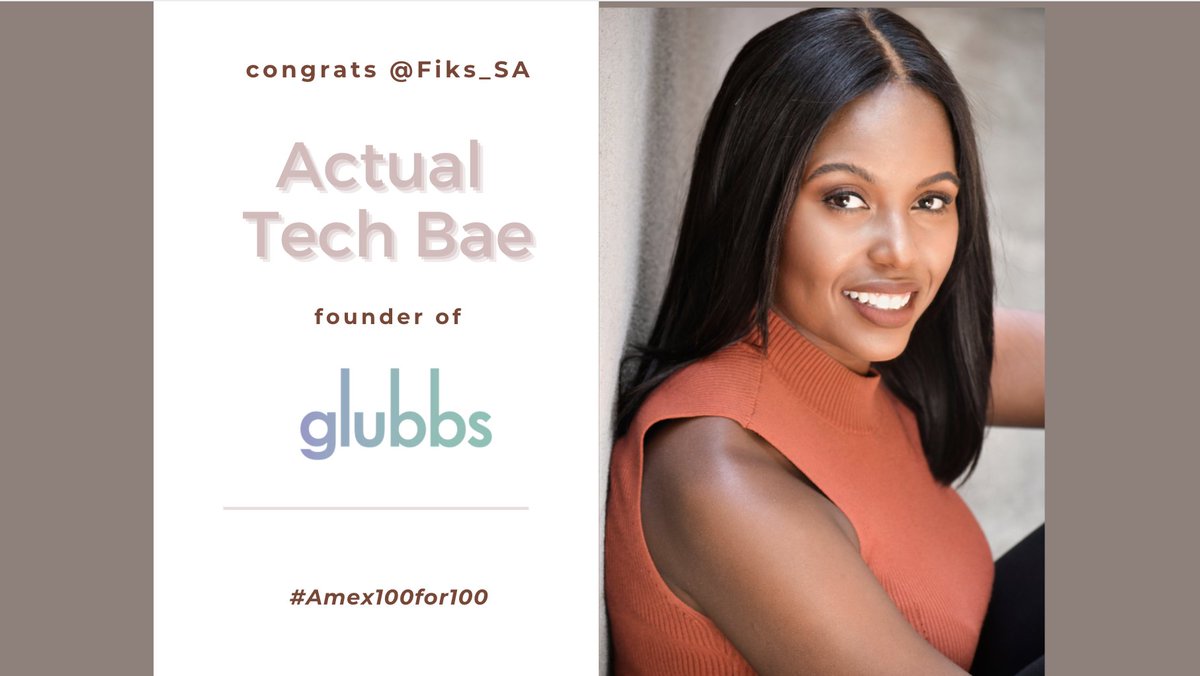 TechBaeOfficial's tweet photo. Our creator @Fiks_SA has teamed up with @americanexpress for their #amex100for100 program! American Express gave $25000 grant to @Fik_SA ’s startup @wearglubbs ! Show them some love and follow @wearglubbs to support black women owned businesses! #amexbusiness https://t.co/Lr7OzVTcid